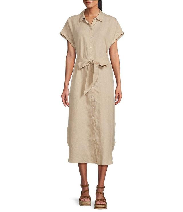 Tommy Bahama Linen Point Collar Short Sleeve Belted Side Pocket Midi Shirt Dress Product Image