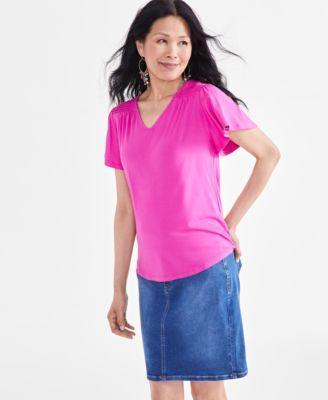 Petite Smocked-Shoulder V-Neck Flutter-Sleeve Top, Created for Macy's Product Image