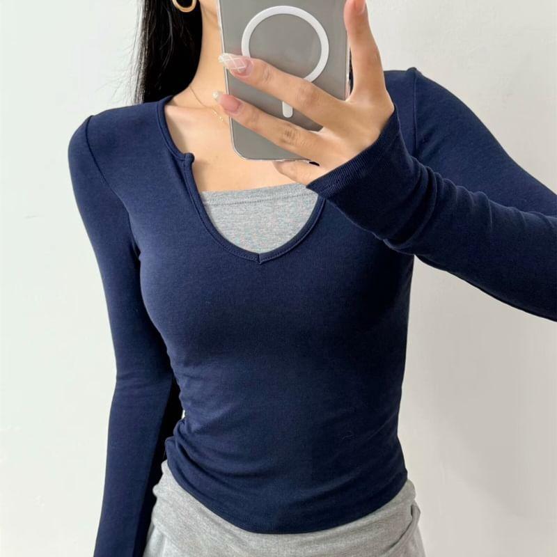 Mock Two-Piece Long-Sleeve Two Tone Knit Top Product Image