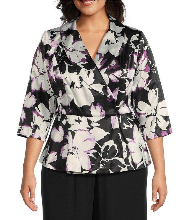 Alex Evenings Plus Size 3/4 Sleeve Collared V-Neck Floral Blouse Product Image