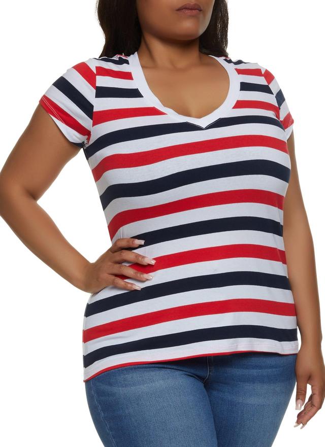 Womens Plus Size Striped V Neck Short Sleeve Tee Product Image