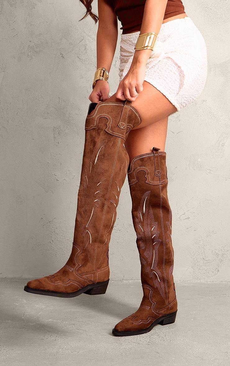 Brown Faux Suede Point Toe Contrast Stitch Over The Knee Western Boots product image