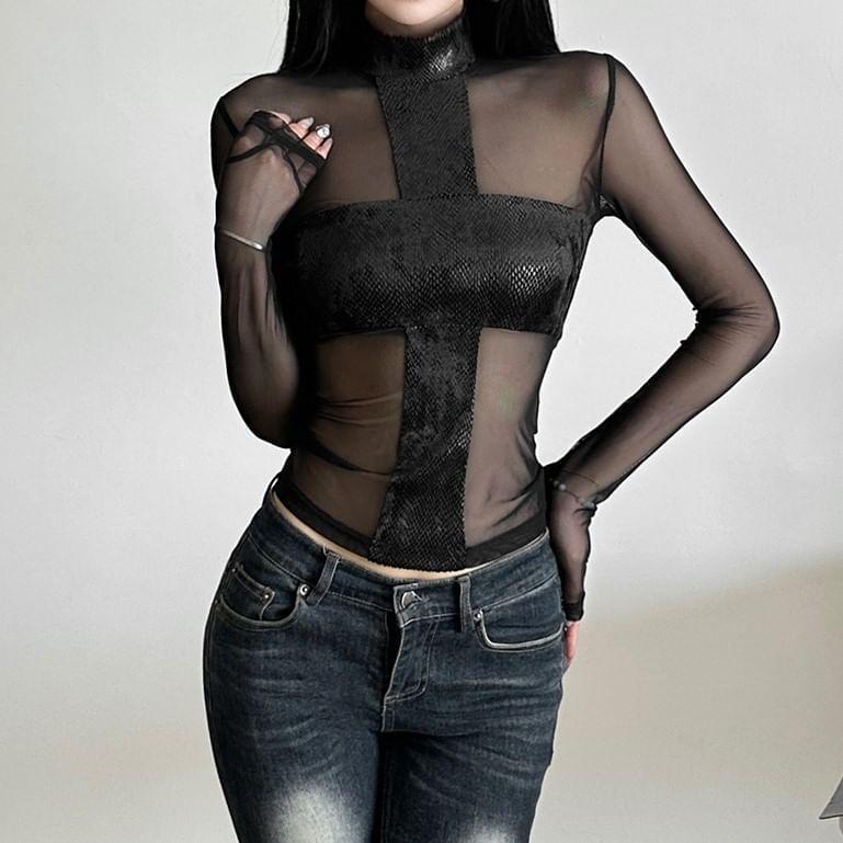 Long-Sleeve Mock Neck Mesh Crop Top Product Image