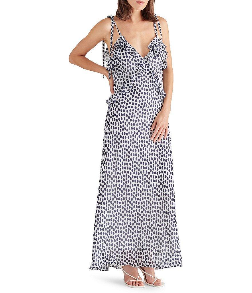 Steve Madden Adalina Dotted Print V-Neck Sleeveless Tie Strap Ruffle Maxi Dress product image