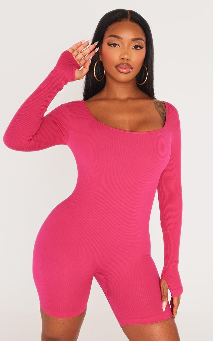 Shape Hot Pink Snatched Ribbed Long Sleeve Unitard Product Image