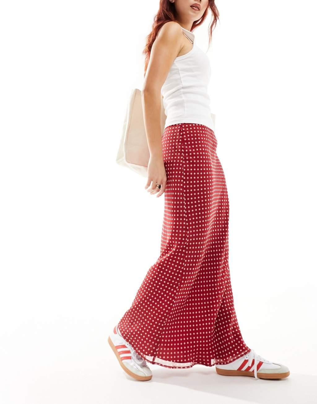 ASOS DESIGN chiffon bias maxi skirt in red spot print Product Image