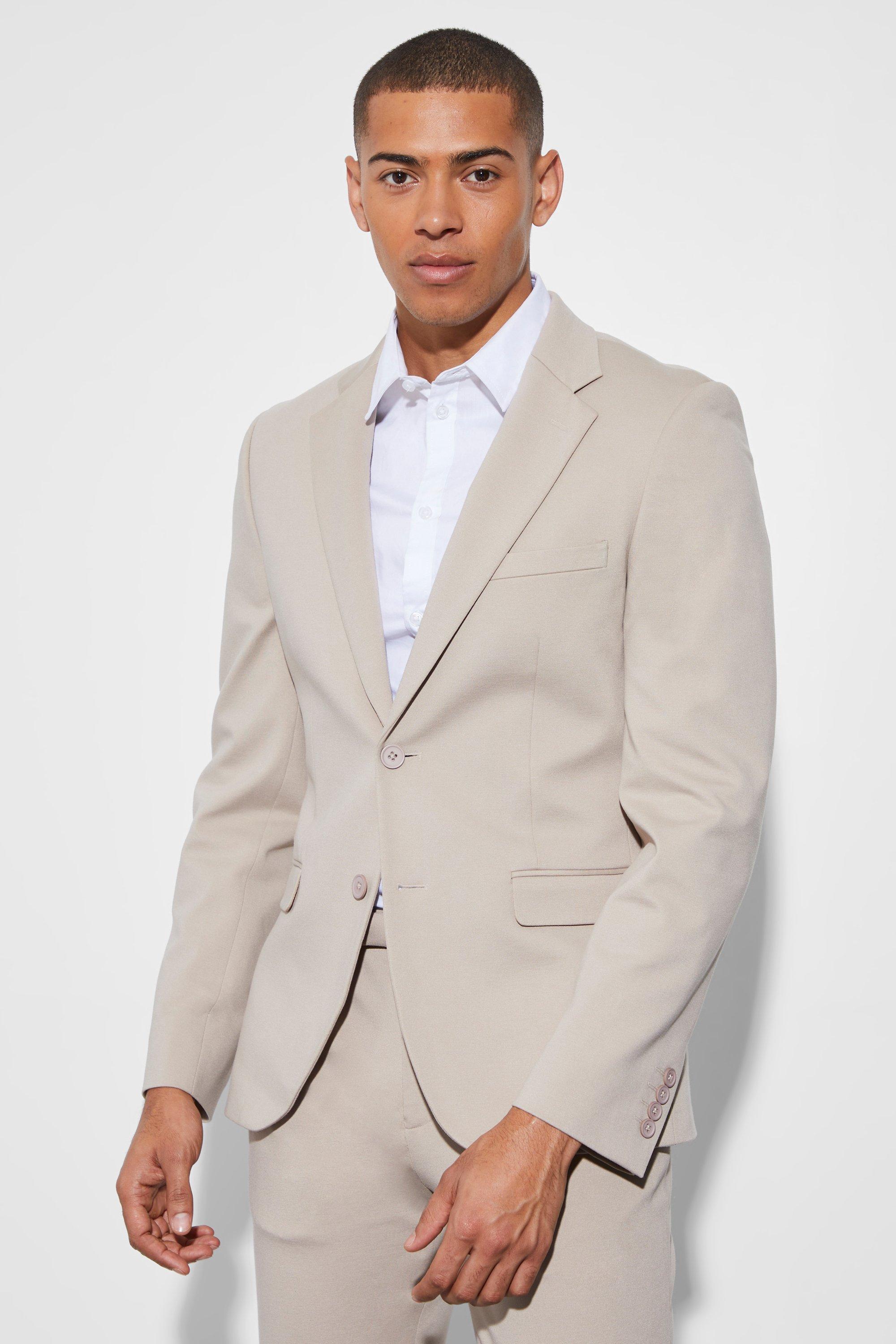 Mens Beige Jersey Skinny Single Breasted Suit Jacket, Beige Product Image