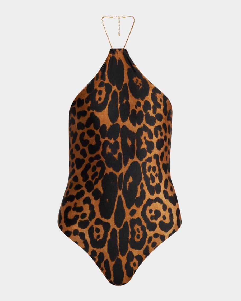 Leopard-Print Chain Halter One-Piece Swimsuit Product Image