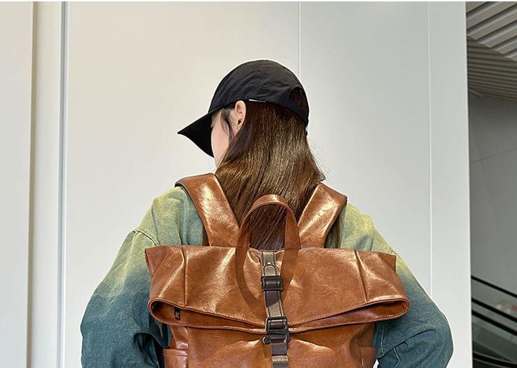 Buckled Flap Faux Leather Backpack Product Image