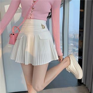 High Waist Lettering Accordion Pleat Mini A-Line Skirt Product Image