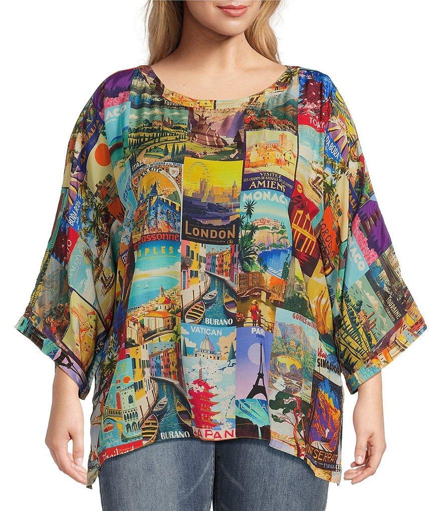 John Mark Plus Size Oversized Postcard Print Crew Neck 3/4 Sleeve Top Product Image