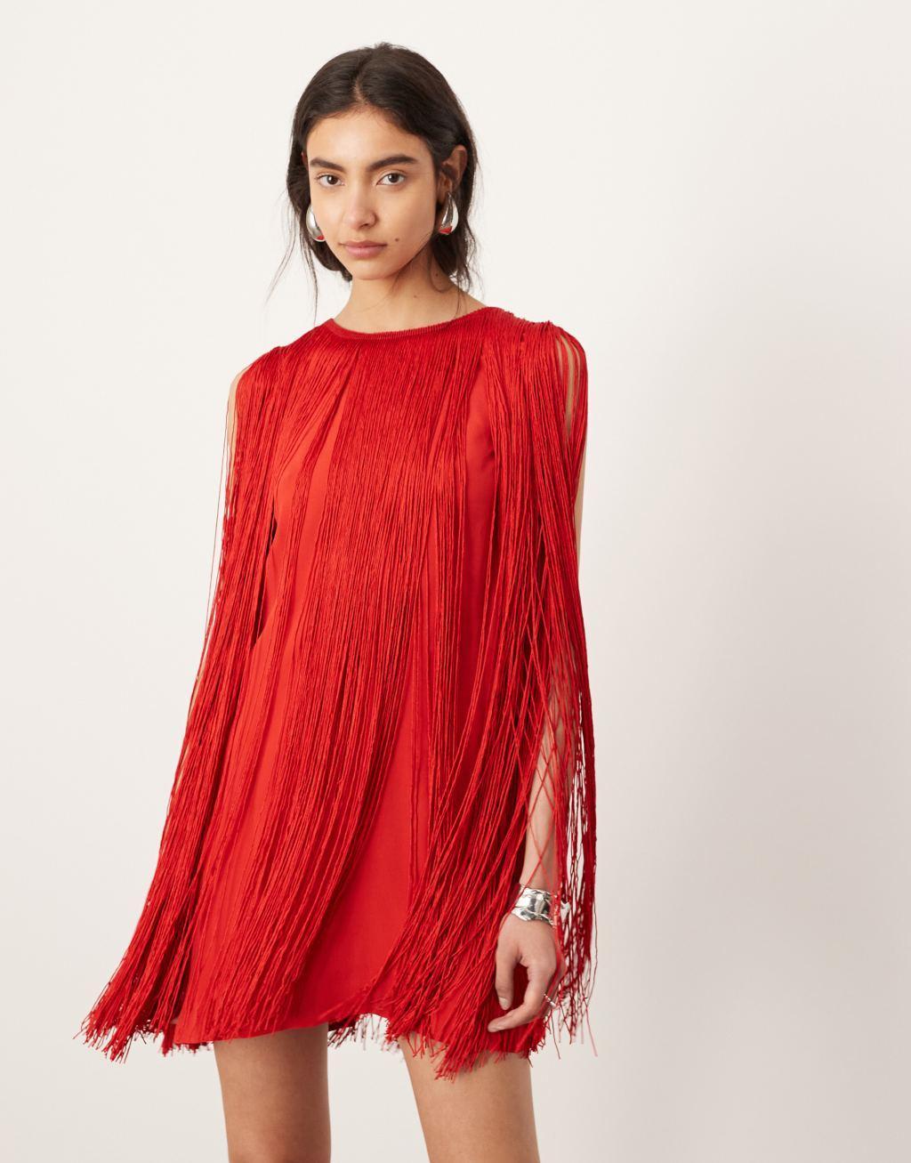 ASOS EDITION ultimate fringe trapeze mini dress in red Product Image