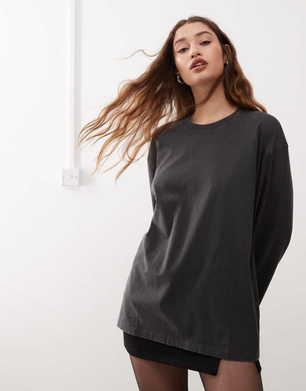 Weekday Frida washed oversized long sleeve top in off-black Product Image