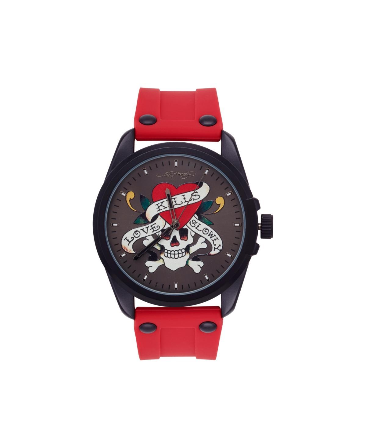 Ed Hardy Mens Matte Red Silicone Strap Watch 46mm - Black Sunray, Matte Red Product Image