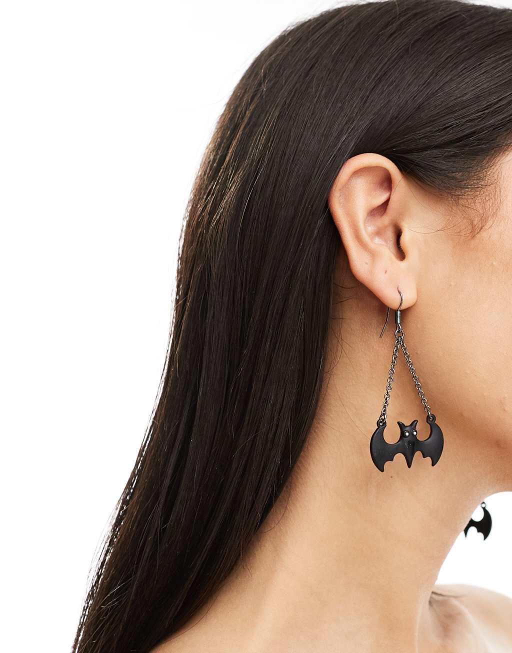 ASOS DESIGN Halloween drop earrings with bat design in black Product Image