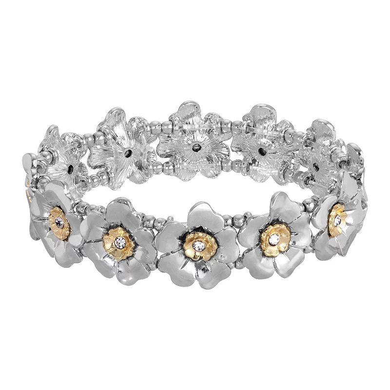 1928 Two Tone Crystal Flower Stretch Bracelet, Womens, Gray Product Image