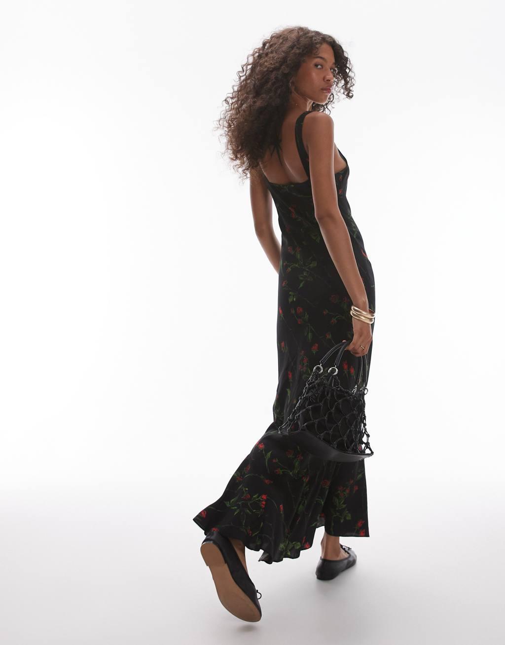 Topshop fluted hem slip midi dress in dark floral Product Image