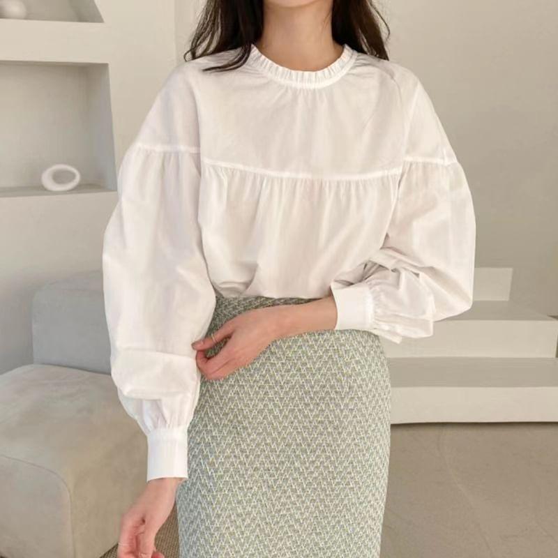 Long-Sleeve Round Neck Plain Frill Trim Blouse Product Image