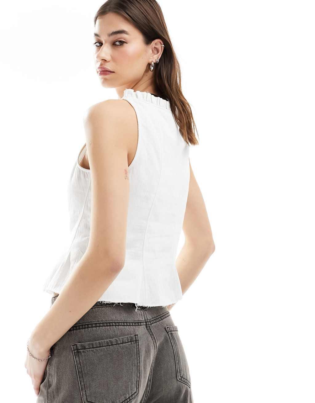 Weekday Elvie frill top with hook and eye front in off-white Product Image