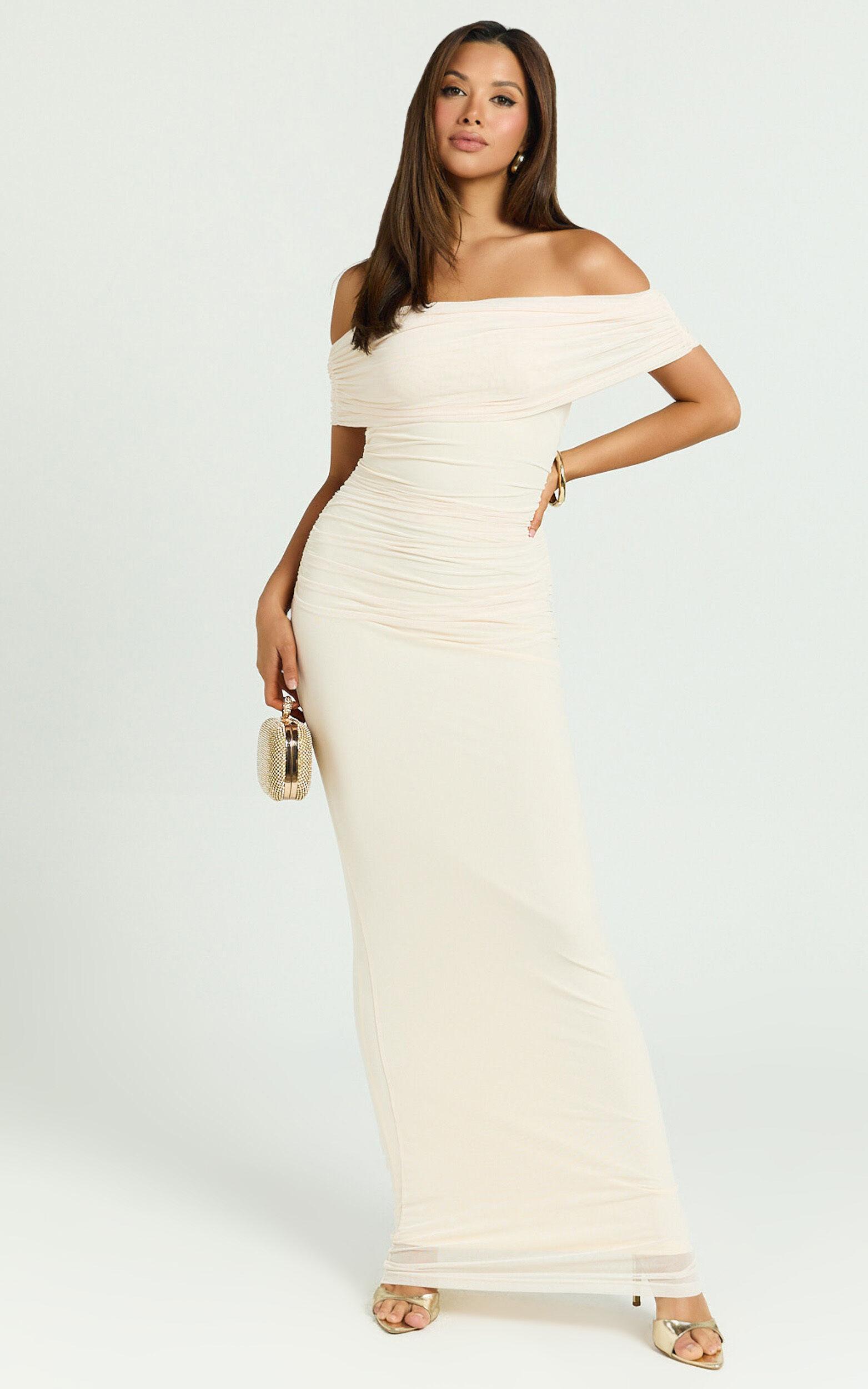 Caterina Maxi - Ruched Off Shoulder Mesh Dress in Off White Product Image