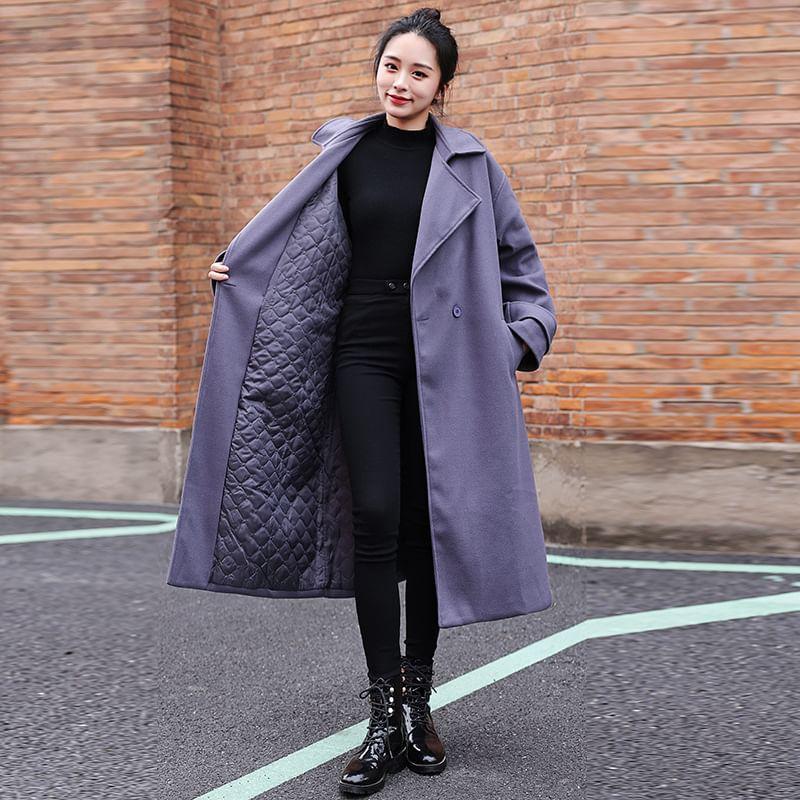 Lapel Collar Plain Double Breasted Long Coat Product Image