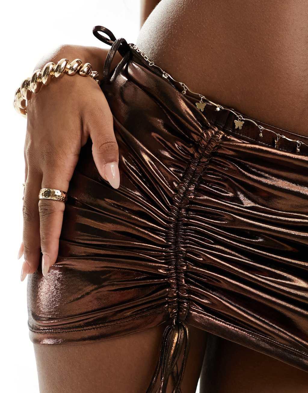 South Beach ruched mini beach skirt in brown metallic Product Image