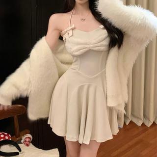 Halter Plain Bow Mini A-Line Dress / Rabbit Ear Hooded Fluffy Cardigan Product Image