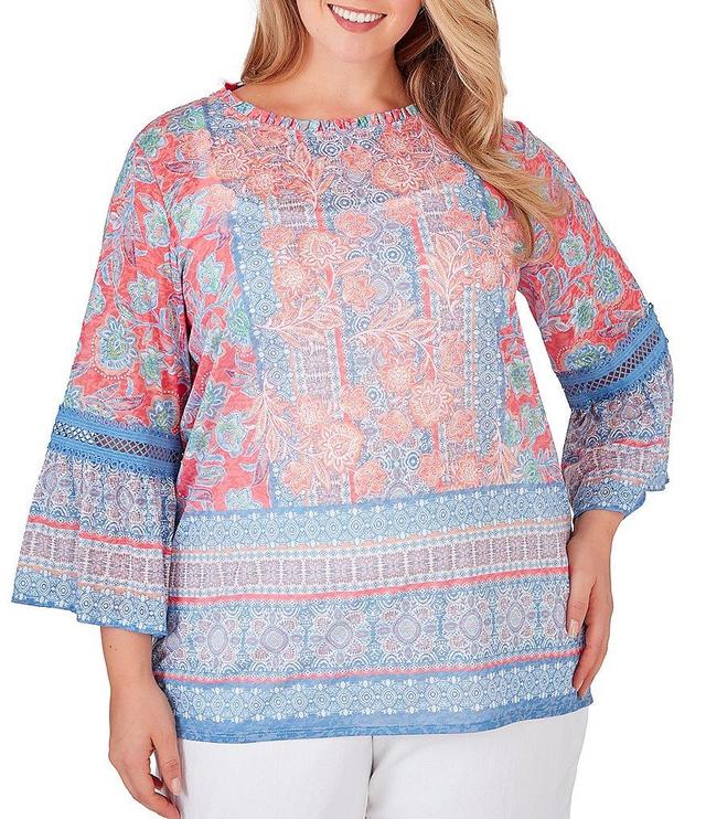 Ruby Rd. Plus Size Floral Border Print Knit Ruffle Trim Crew Neck 3/4 Flounce Sleeve Top Product Image