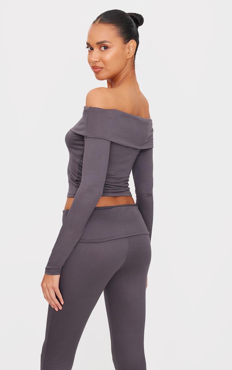 Charcoal Grey Soft Touch Fold Over Bardot Long Sleeve Long Top Product Image