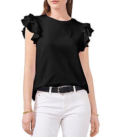 Vince Camuto Short Ruffled Sleeve Crew Neck Knit Top Product Image