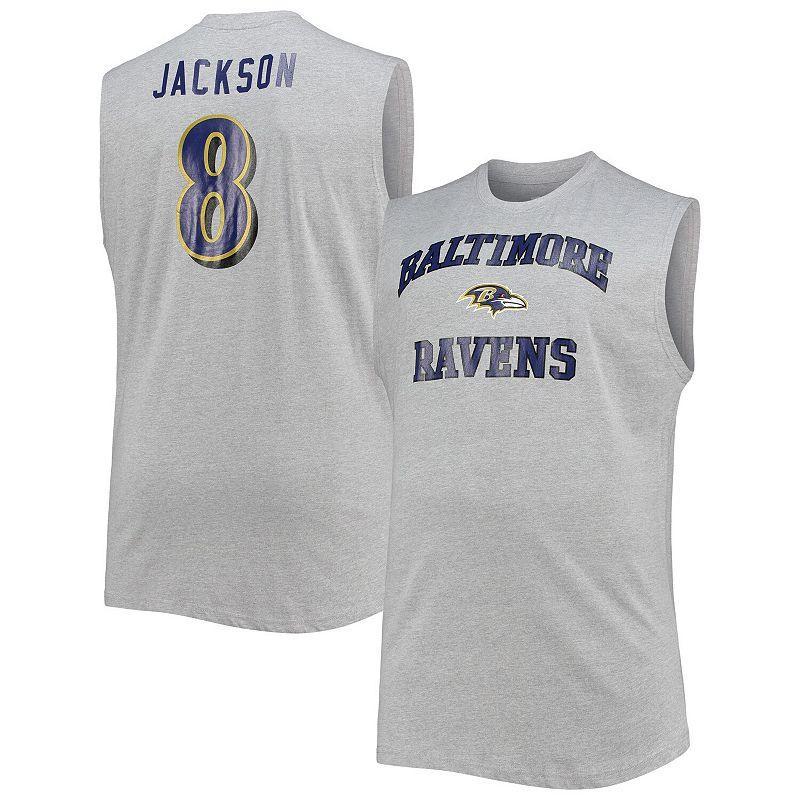 Mens Lamar Jackson Heathered Gray Baltimore Ravens Big & Tall Player Name & Number Muscle Tank Top Product Image