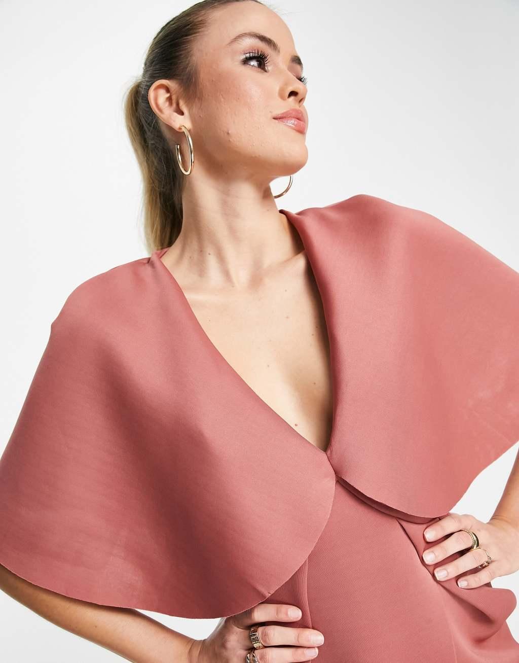 ASOS DESIGN Tall cape detail pleated wrap midi dress in rose Product Image