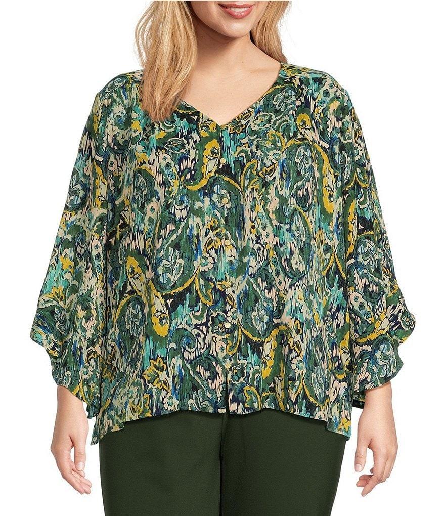 Investments Plus Size Etched Paisley Print Woven Faux Button Front V-Neck 3/4 Flare Ruffle Sleeve Top Product Image