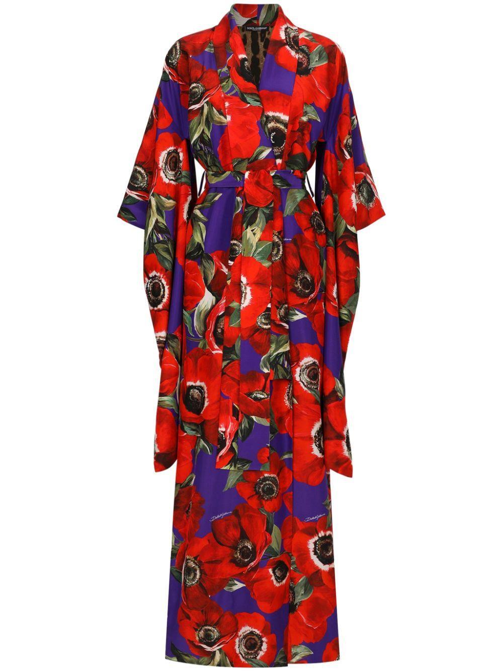 DOLCE & GABBANA Floral-print Silk Belted Coat In Rot Product Image