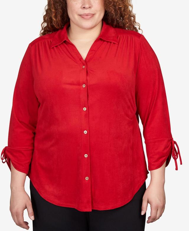 Alfred Dunner Plus Size Park Place Stretch Knit Faux Suede Button Up Top Product Image