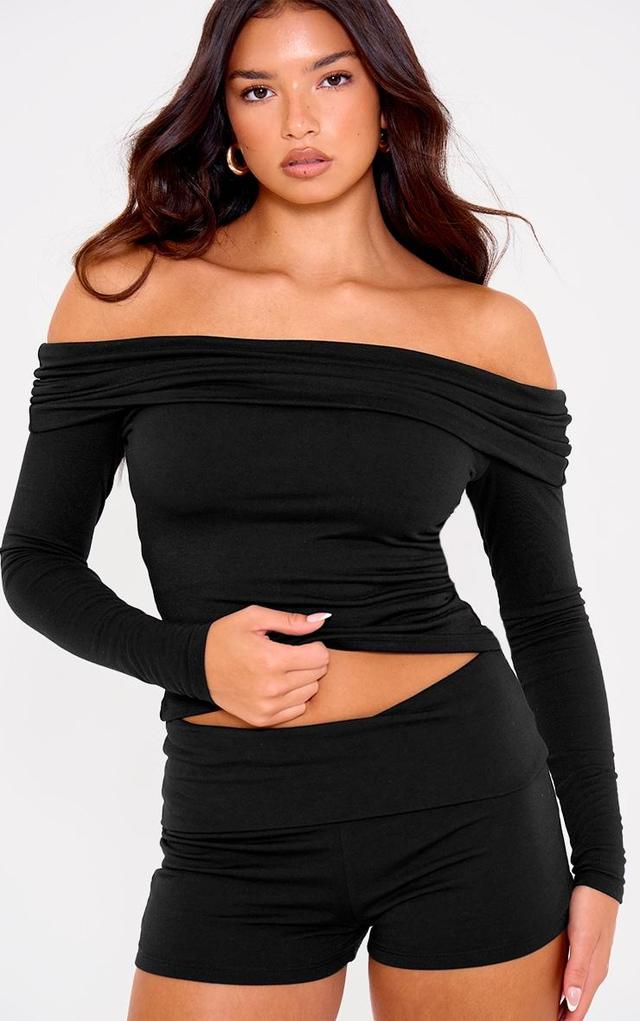 Black Double Contour Jersey Foldover Bardot Long Sleeve Top Product Image