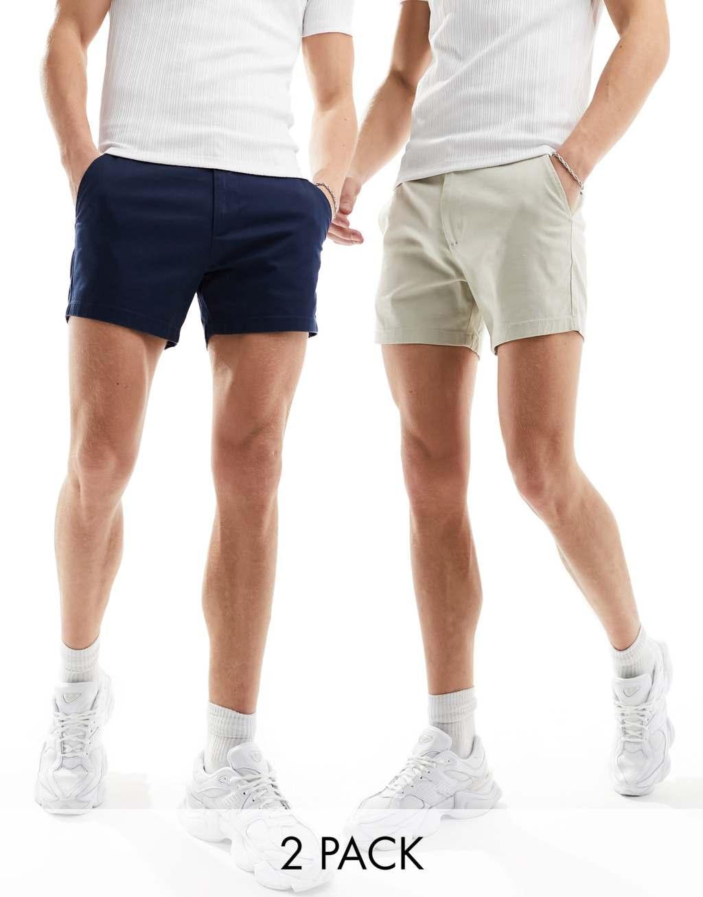 ASOS DESIGN 2 pack skinny chino shorts in navy and stone save Product Image