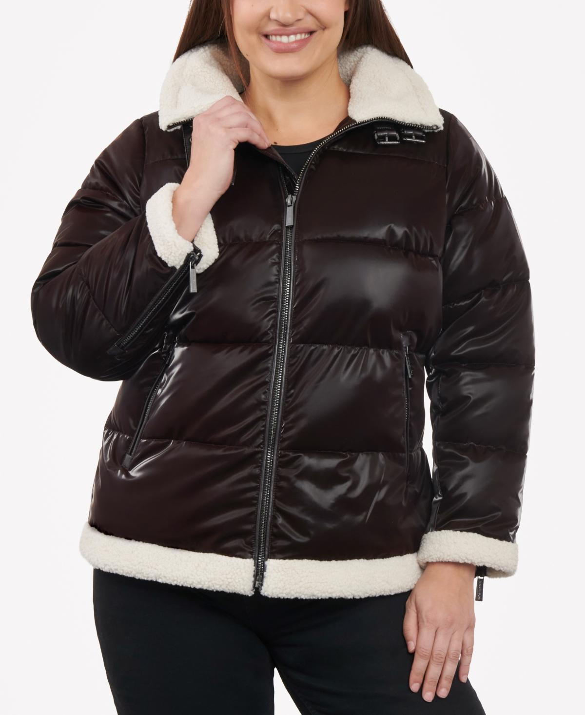 Michael Michael Kors Womens Plus Size Faux-Shearling Shine Puffer Coat, Created for Macys Product Image