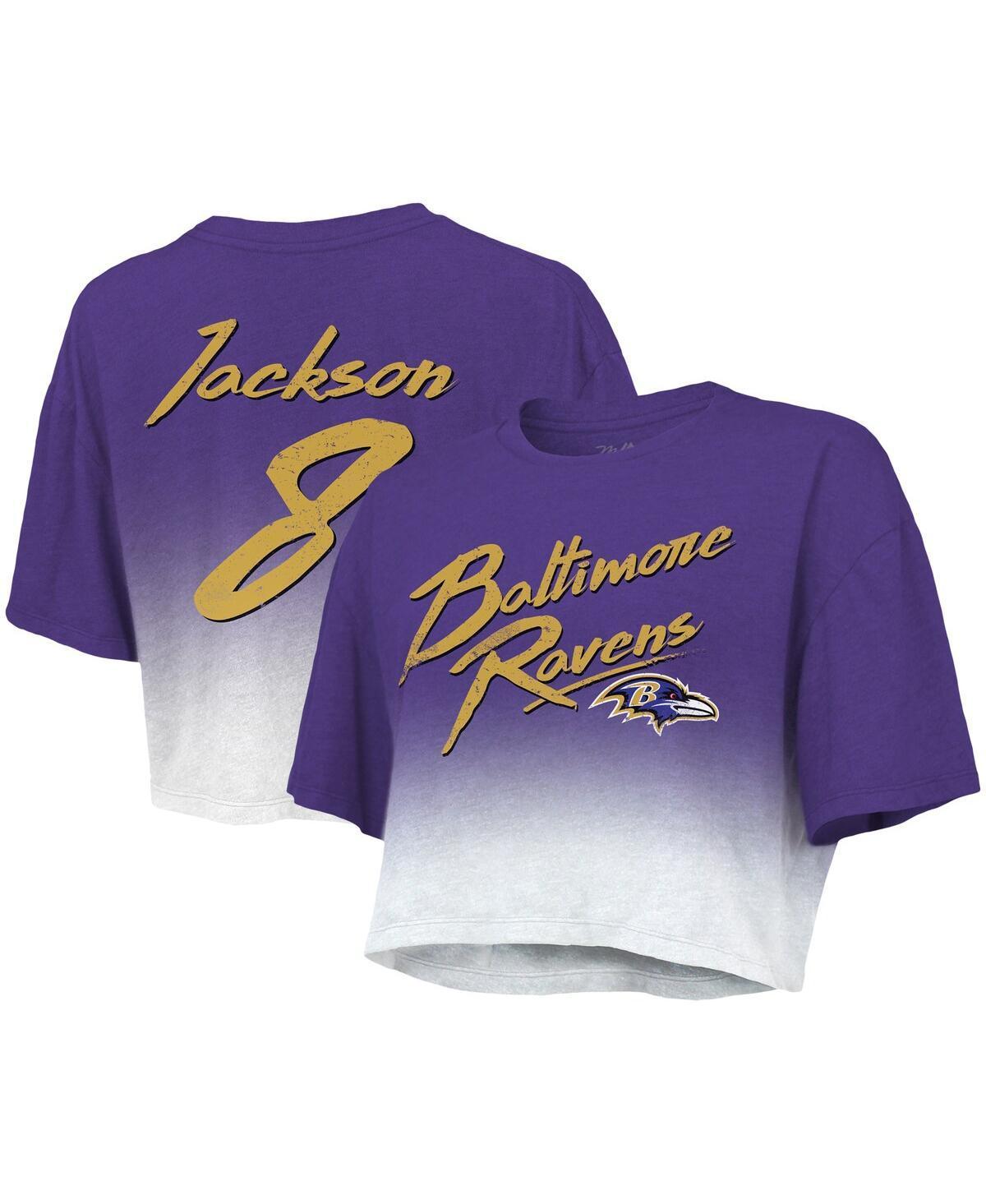 Womens Majestic Threads Lamar Jackson /White Baltimore Ravens Drip-Dye Player Name & Number Tri-Blend Crop T-Shirt Product Image