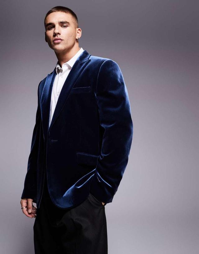  ASOS DESIGN slim fit velvet blazer in navy Product Image