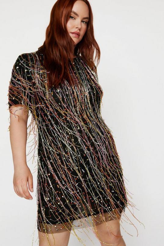 Plus Size Tassel Beaded Mini Shift Dress Product Image