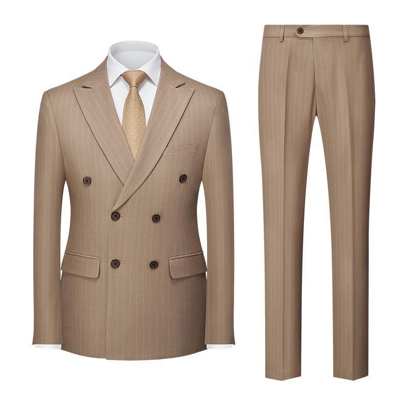 Set: Lapel Collar Pinstriped Double Breasted Blazer + Mid Rise Dress Pants Product Image