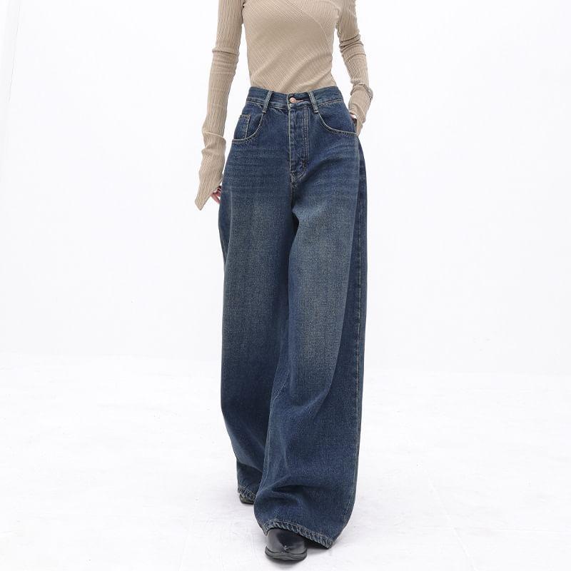 High Waist Washed Wide Leg Jeans Product Image