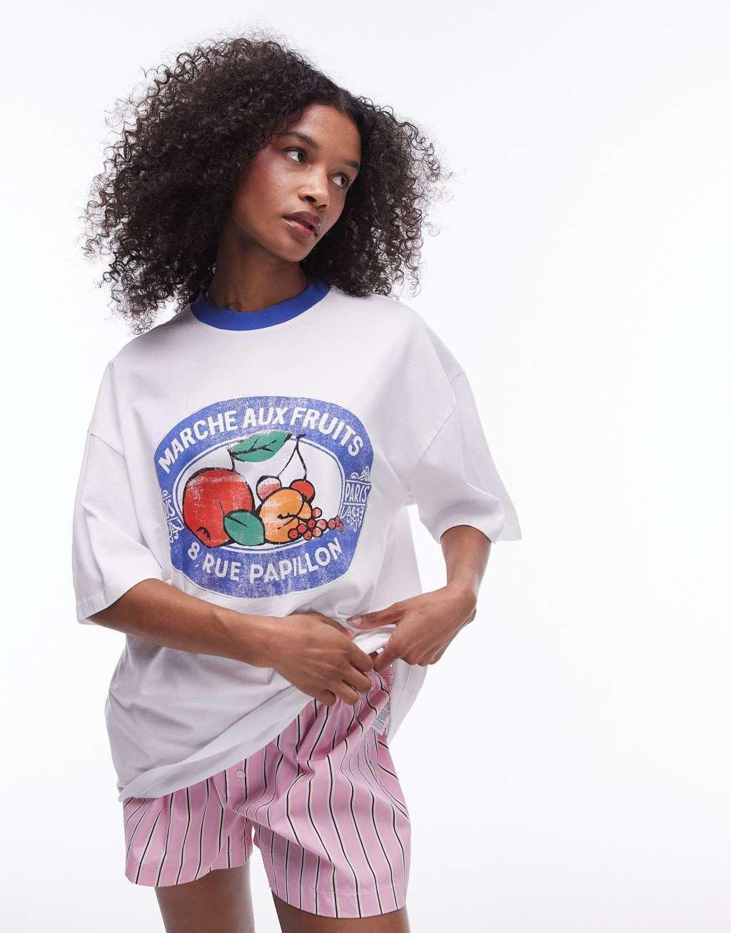 Topshop graphic still life fruit oversized tee in ecru Product Image