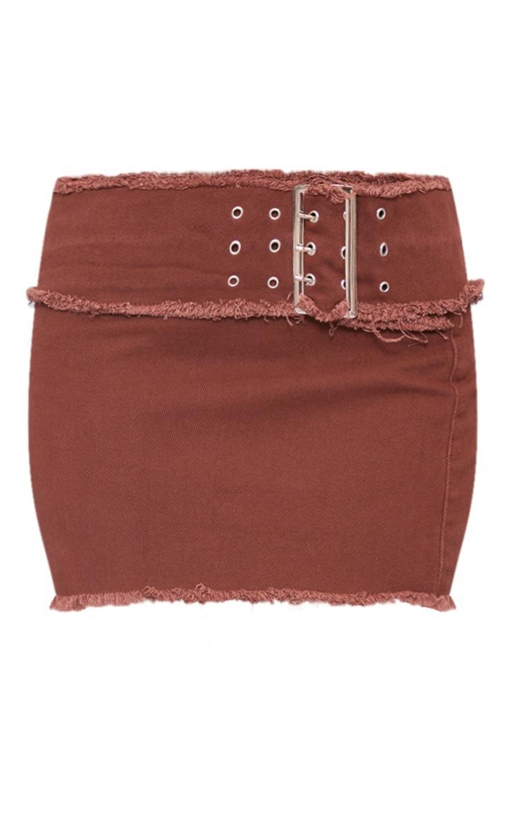 Petite Washed Brown Frayed Belt Detail Denim Mini Skirt Product Image