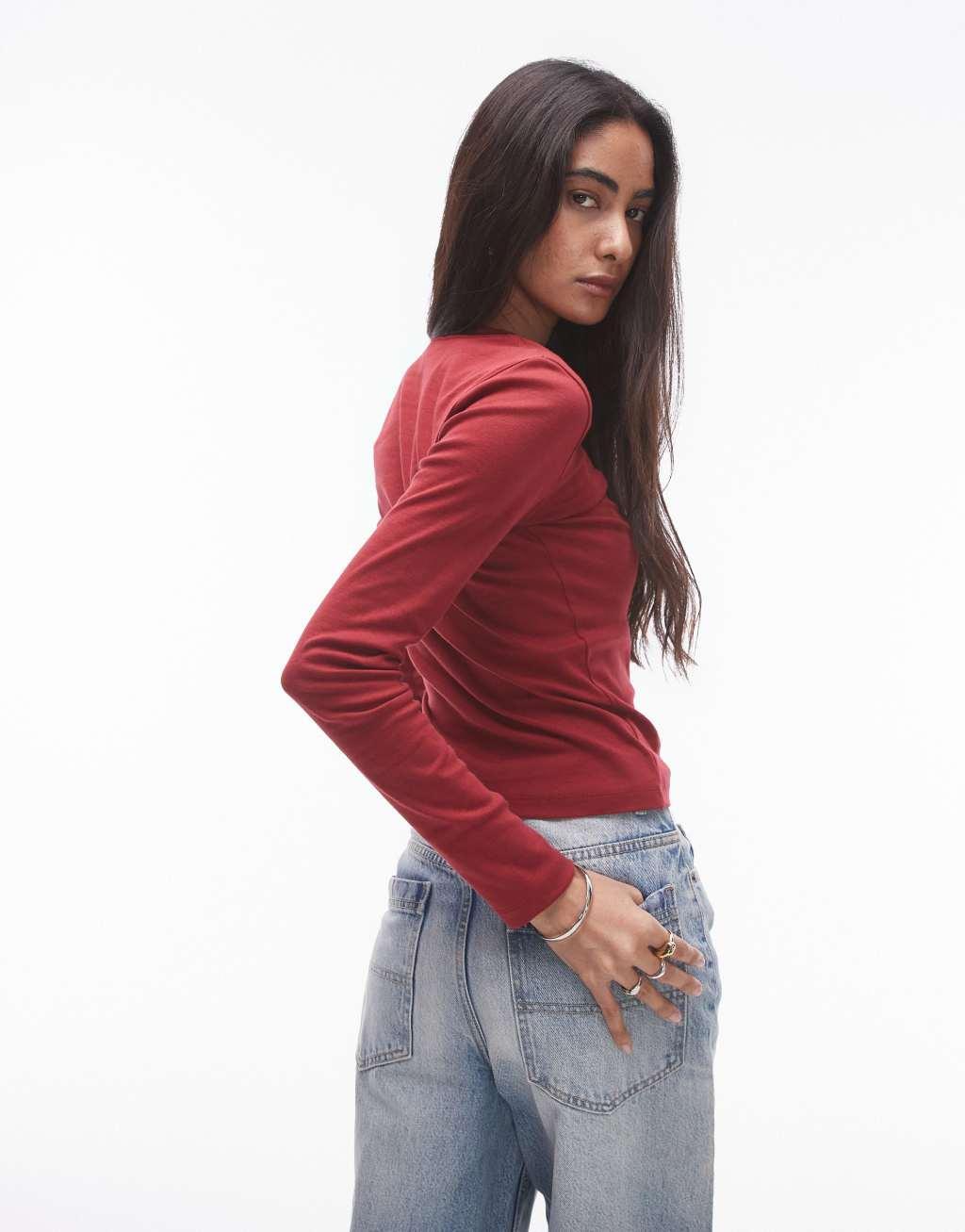 Topshop slim long sleeve top in burgundy Product Image