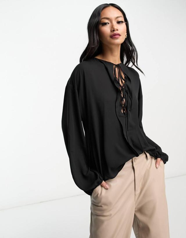 Mango lace up v neck blouse in black Product Image