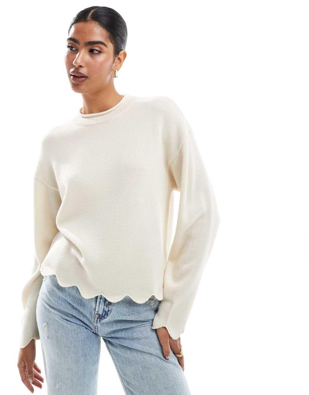 ASOS DESIGN knitted sweater with scallop edge in cream Product Image