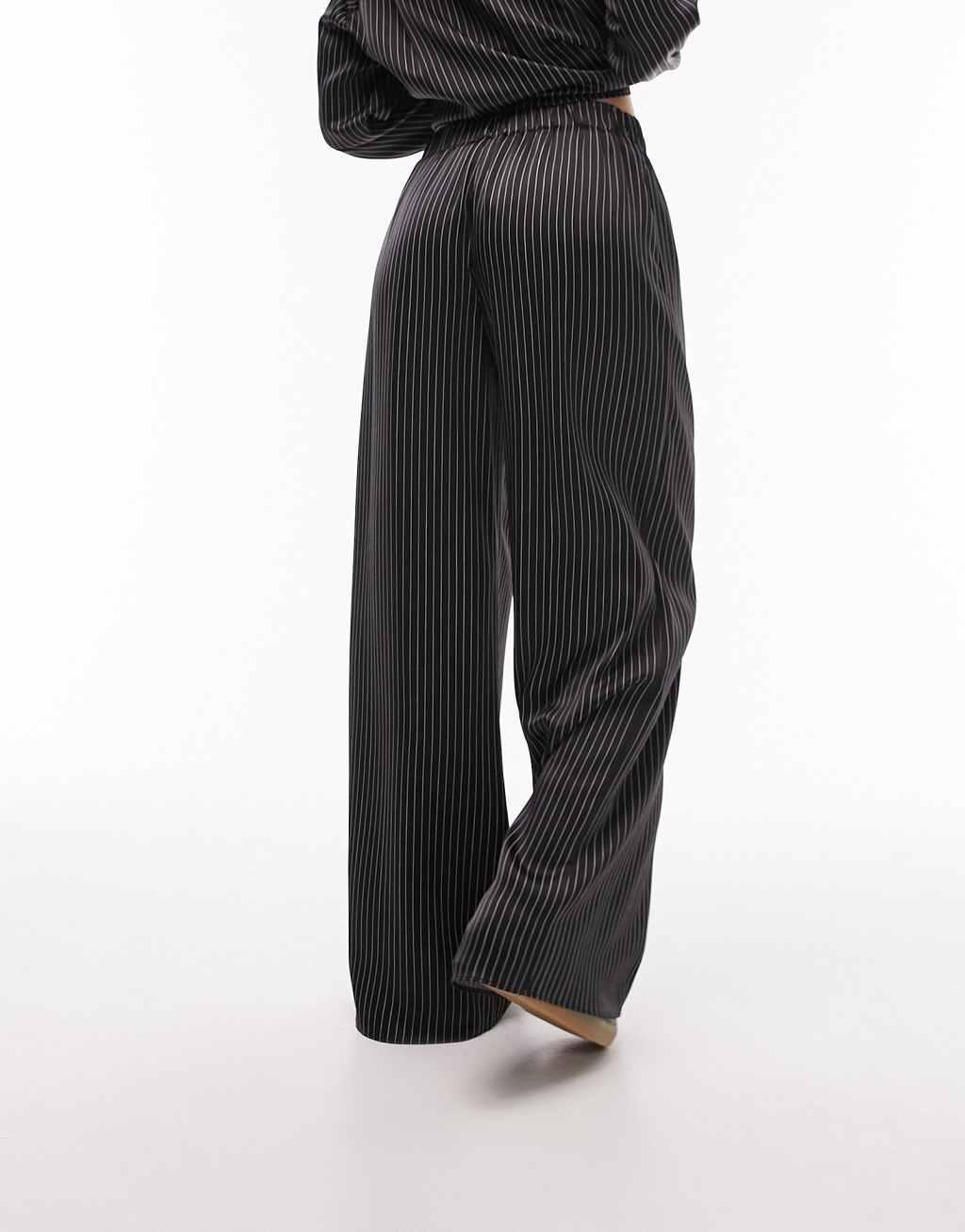 Topshop pin stripe printed satin wide leg pants in black - part of a set Product Image