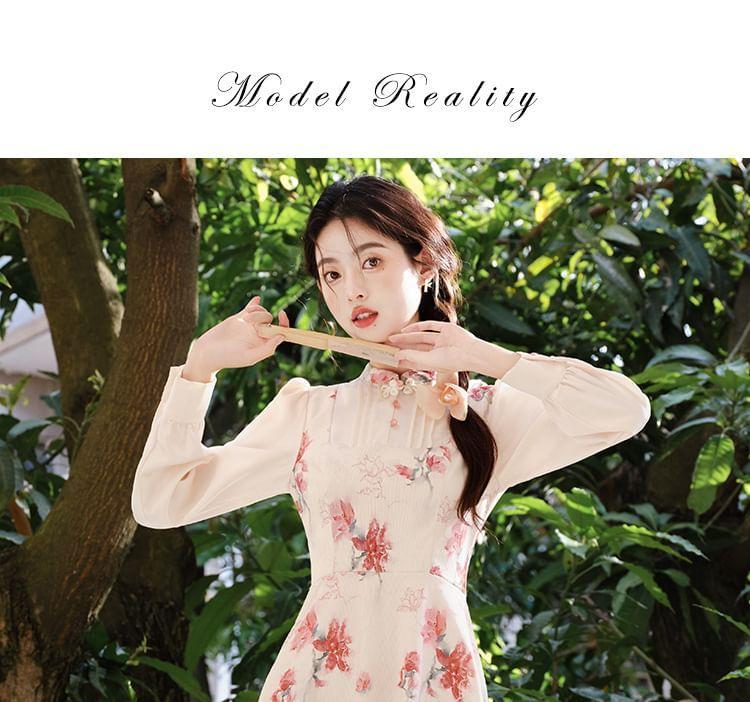 Mock Two-Piece Long-Sleeve Floral Print Midi A-Line Dress Product Image